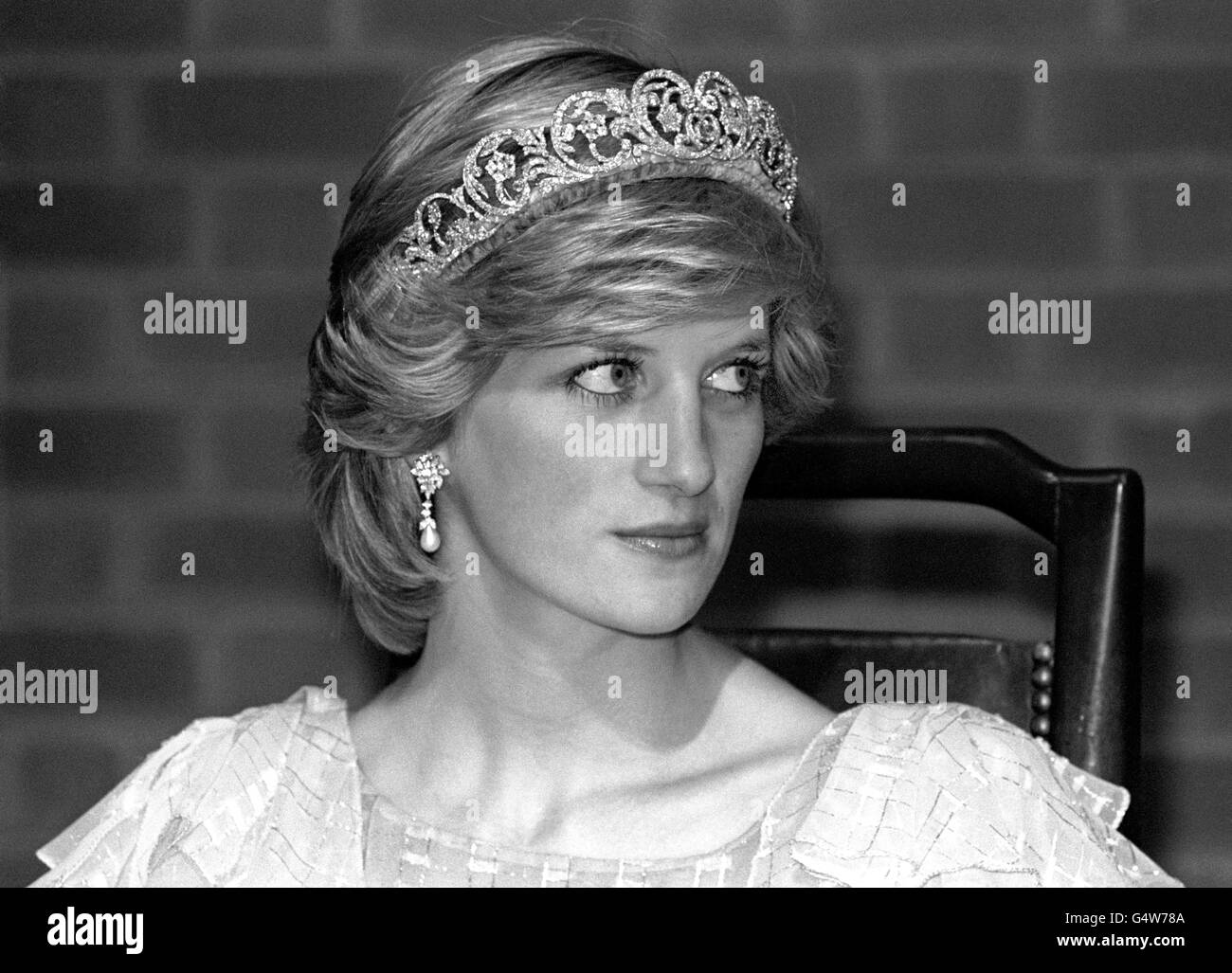 The Princess of Wales wearing the Spencer family Tiara when she attended a state dinner in Saint John, New Brunswick in honour of the Royal Couple, who are on an 18-day tour of the eastern Canadian provinces Stock Photo