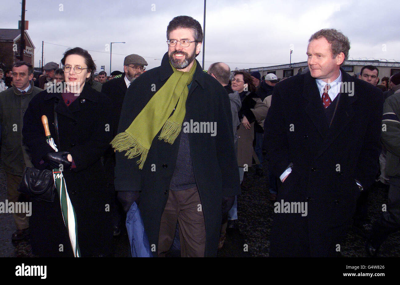 Sinn Fein President Gerry Adams (centre), with his Sinn Fein Ministers Bairbre De Bruin and Martin McGuinness (R) at the Bloody Sunday rally in Londonderry, in memory of the 14 people who were shot dead by British paratroopers in the city in 1972. Stock Photo