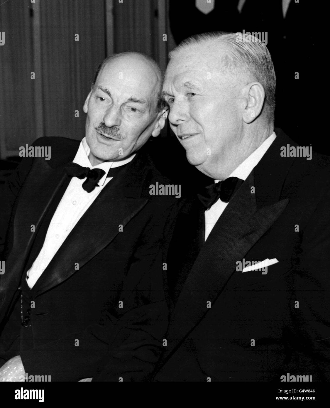 (r-l)George Marshall, United States Secretary of State, at the Pilgrims dinner held at the Dorchester Hotel with Prime Minister Clement Attlee. Stock Photo
