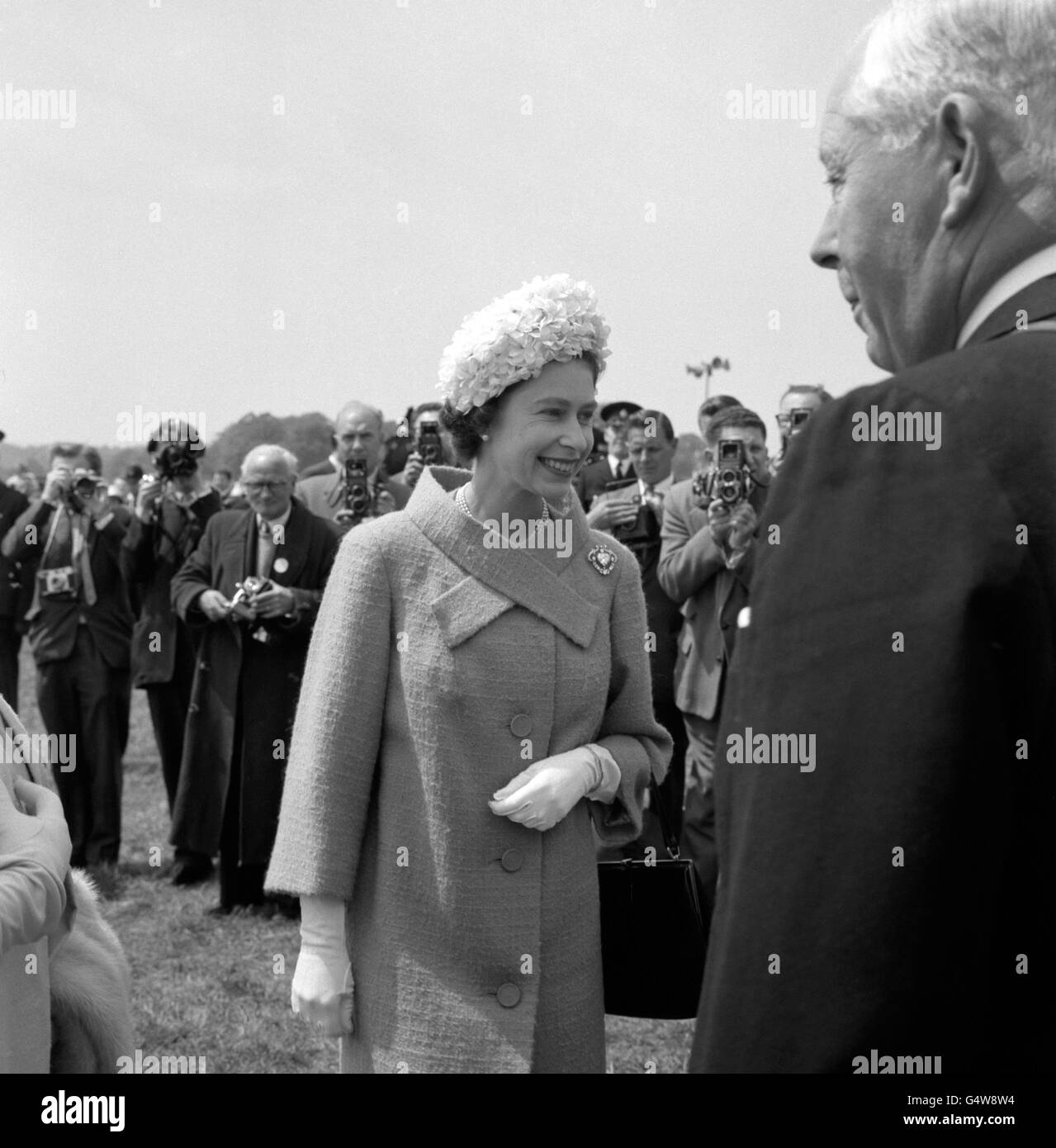 Horse Racing - The Derby Stakes - Epsom Racecourse. Queen Elizabeth II at the Epsom Derby, where she saw the 66-1 outsider Psidium win the big race. Stock Photo