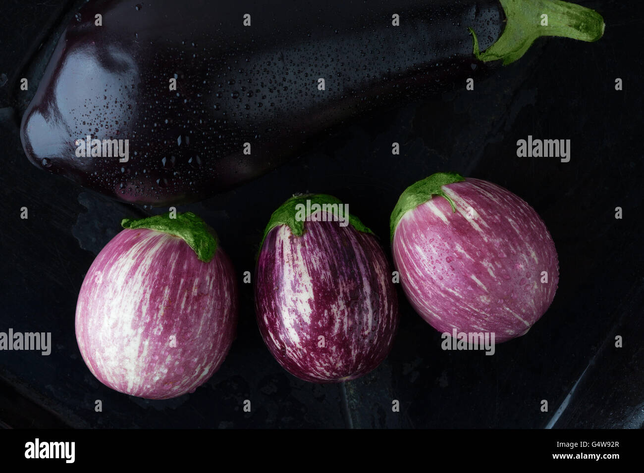 Wet black and purple striped eggplants closeup. Top view. Stock Photo