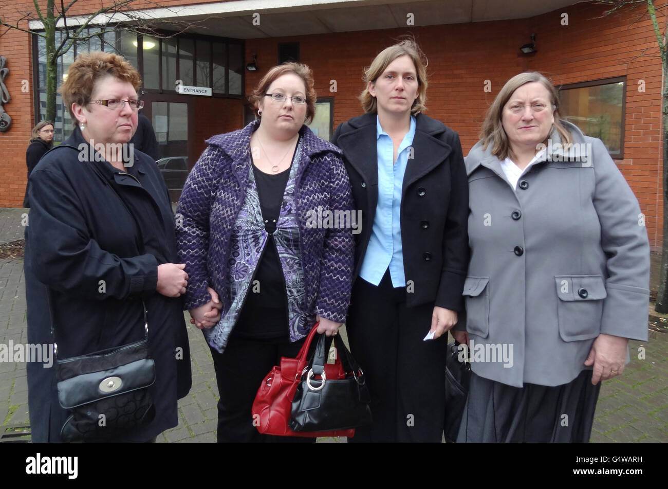 Left to right) Margo Hall - Becky's mother, Becky Roberts - Lee's widow, Laura Evans - Lee's sister, Ruth Roberts - Lee's mother leave Swindon Crown Court, Swindon, where teacher Eleanor Brown was jailed for 20 months after she killed moped rider Lee Roberts. Stock Photo