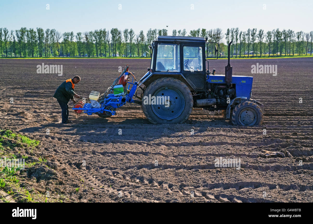 The peasant works at an agricultural field at tractor. Stock Photo