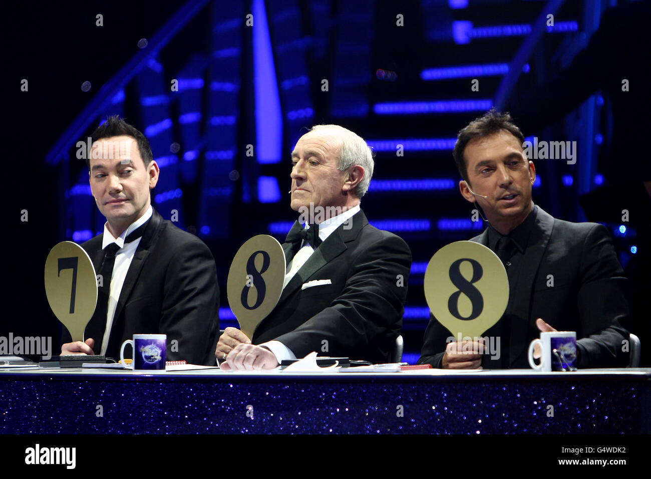L-R: Judges Craig Revel Horwood Len Goodman and Bruno Tonioli during the final dress rehearsal for the opening of the 'Strictly Come Dancing Live Tour' at the NIA, Birmingham. Stock Photo