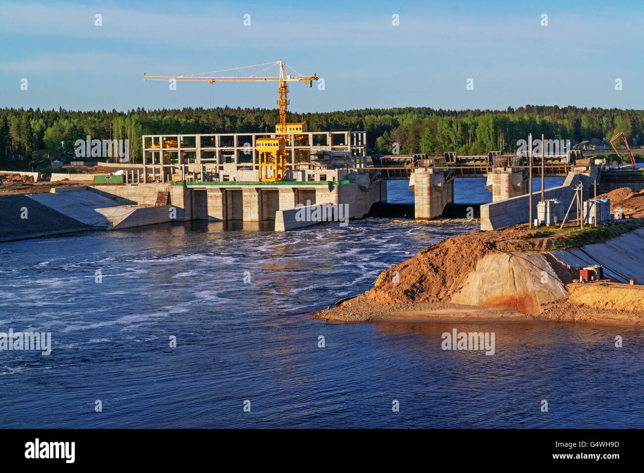 Construction of Vitebsk hydroelectric power station.View of the dam around the station construction. Stock Photo