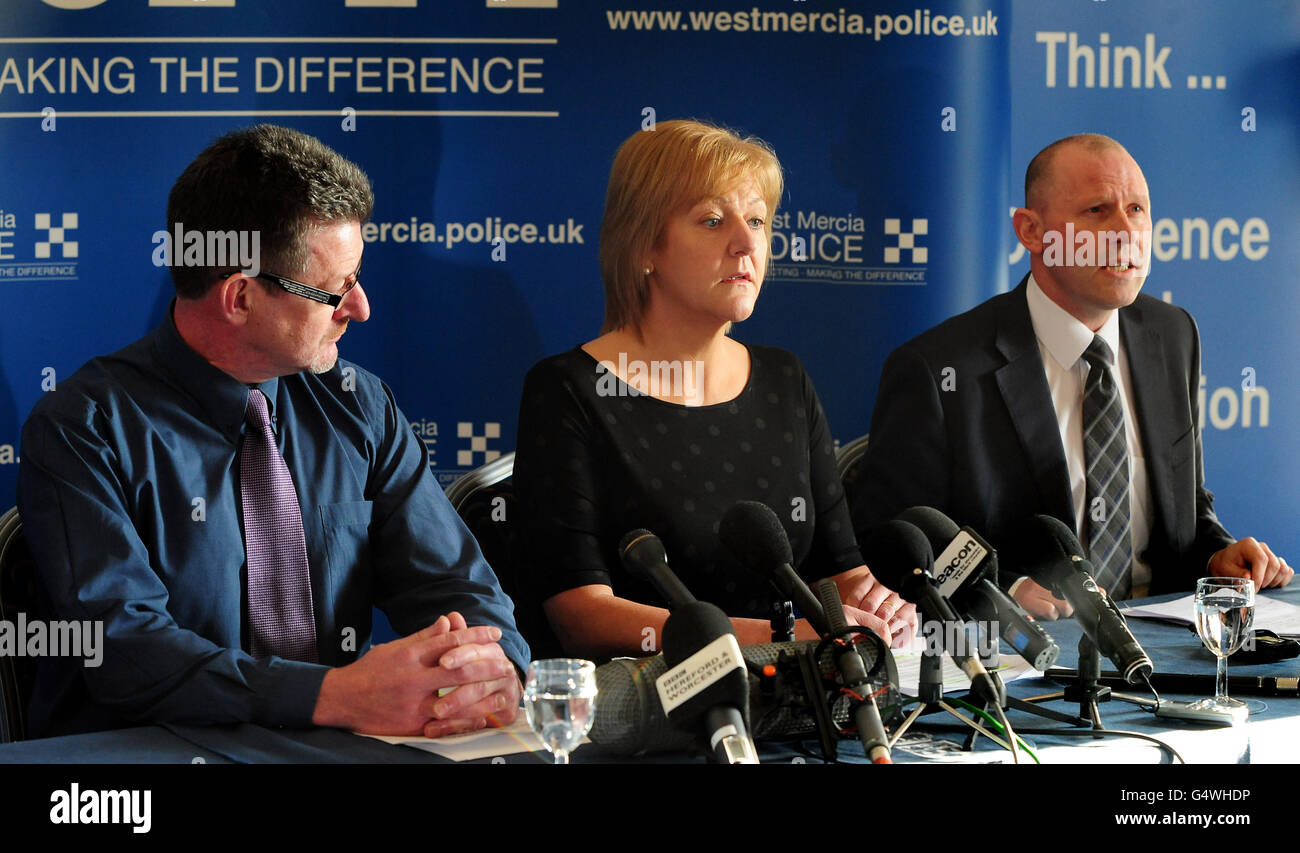 DCI Neil Jamieson (right) with David Yates and Hazel Costello, the son and daughter of murder victim, Betty Yates, 77, who was found at her remote property near Bewdley, Worcestershire, on January 4, speak to the media at West Mercia Police HQ,Hindlip Hall, Worcestershire, as they appealed today for help to bring her killer to justice. Stock Photo