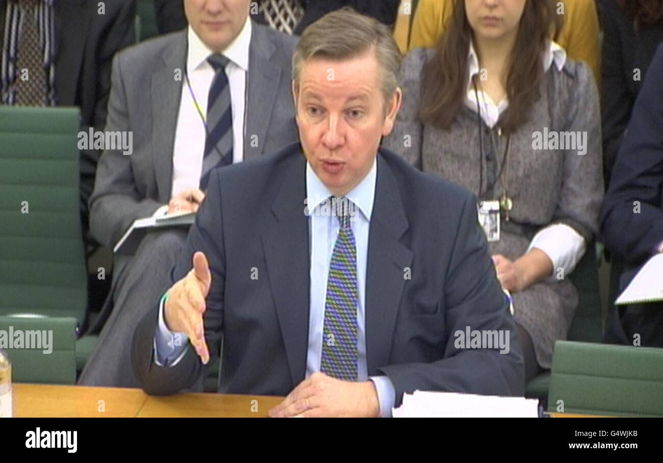 Michael Gove gives evidence to the Commons Education Select Committee, Portcullis House, London. Stock Photo