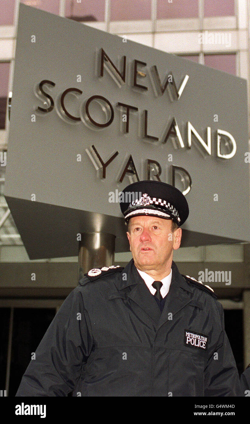 The new Commissioner of the Metropolitan Police, Sir John Stevens, outside Scotland Yard, the force's headquarters, London. Sir John has issued a 10-point police plan to cut crime and bureaucracy and pledged to make London a safer place. * He has also warned of a police recruitment crisis because of poor pay and the battering the force received over the bungled Stephen Lawrence murder investigation. 4/01/2001: Stevens said that Britain's largest police force is facing a civilian recruitment crisis, forcing officers off the beat to carry out desk jobs. Sir John added that falling numbers meant Stock Photo