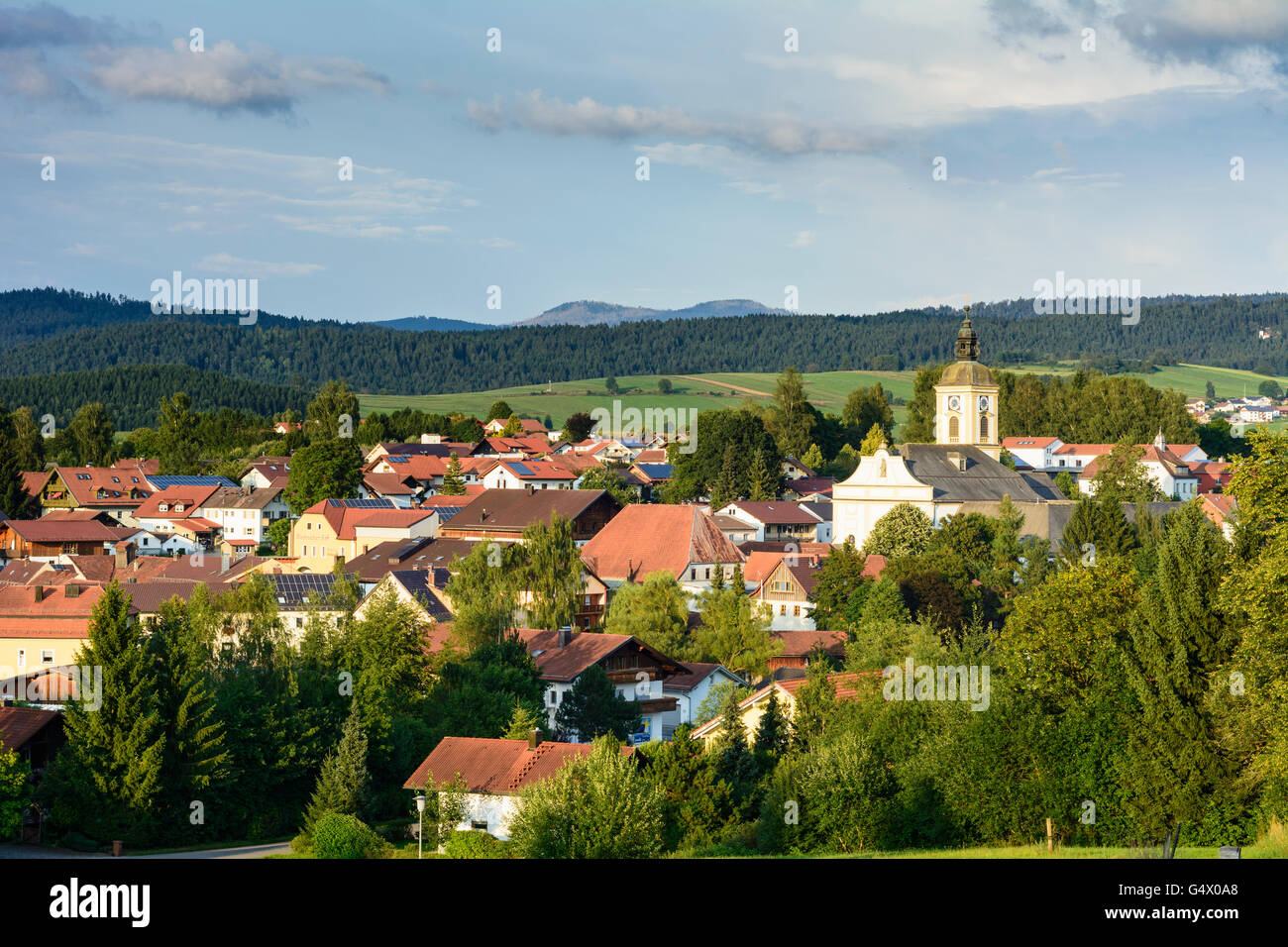 View of Rinchnach with the former monastery church, Rinchnach, Germany ...