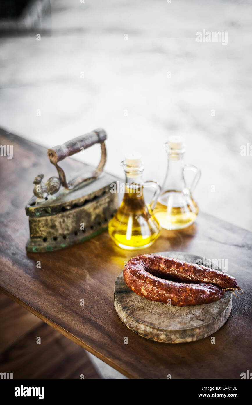 chorizo chourico spanish portuguese rustic traditional smoked pork sausage Stock Photo