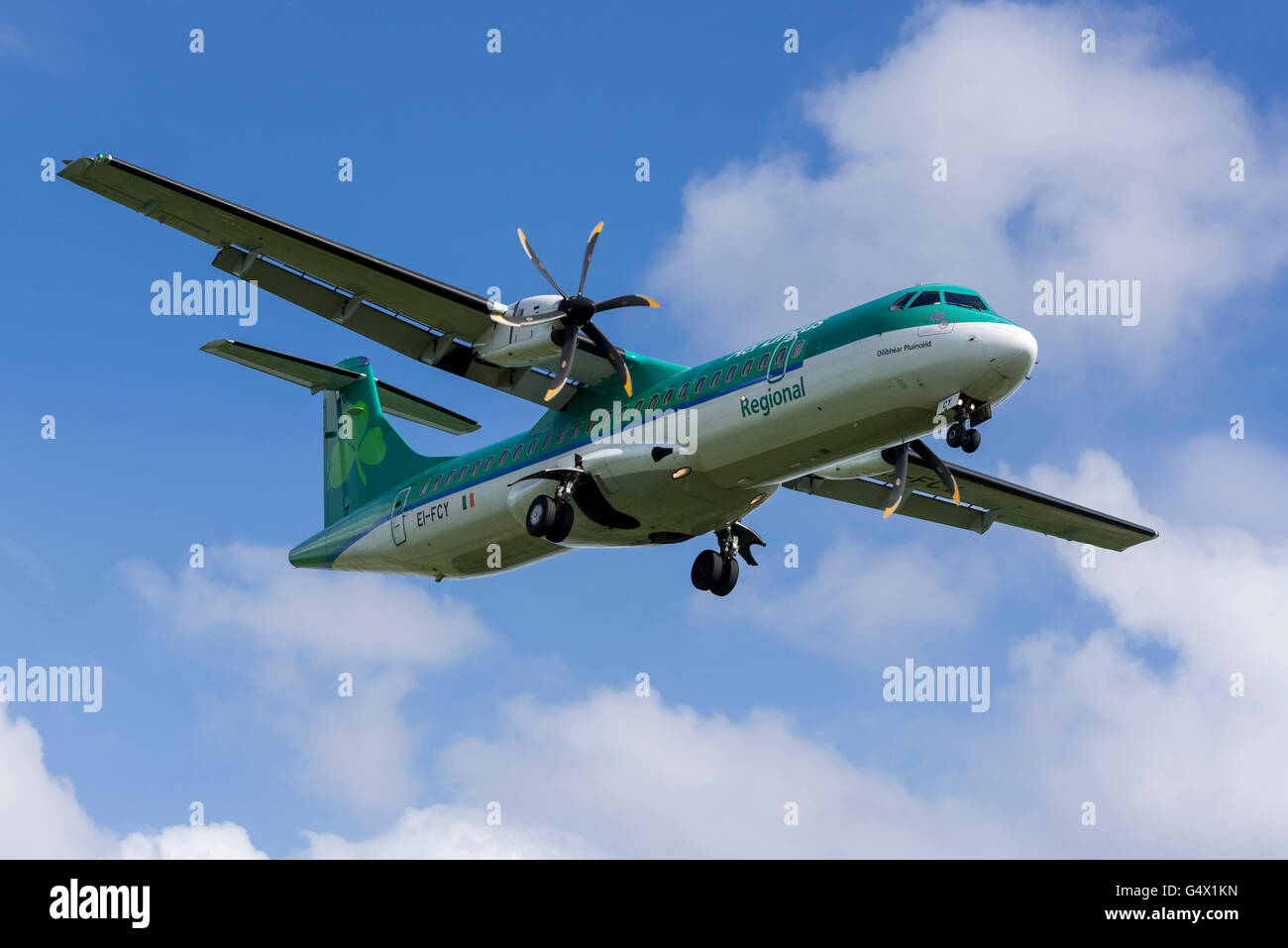 Aer Lingus Regional. Stobart Air  aircraft ATR ATR-72 Reg EI-FCY in flight. Named Oliver Plunkett. Oilibhear Pluinceid. ( Gaelic Stock Photo