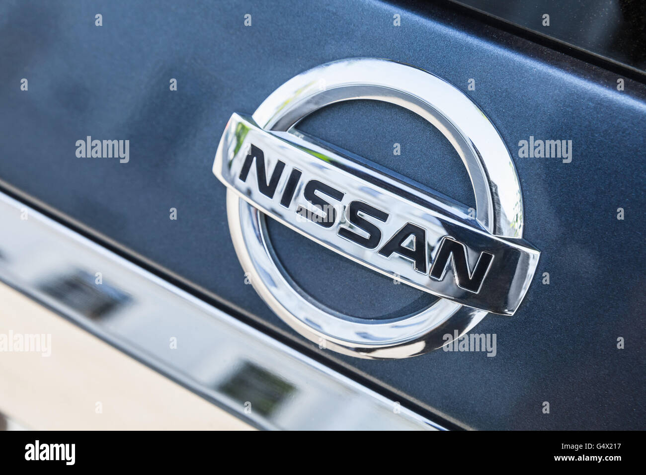 St Petersburg Russia May 15 2016 Nissan Car Logo Mounted On Rear Door Of Nissan X Trail Suv Closeup Photo Stock Photo Alamy