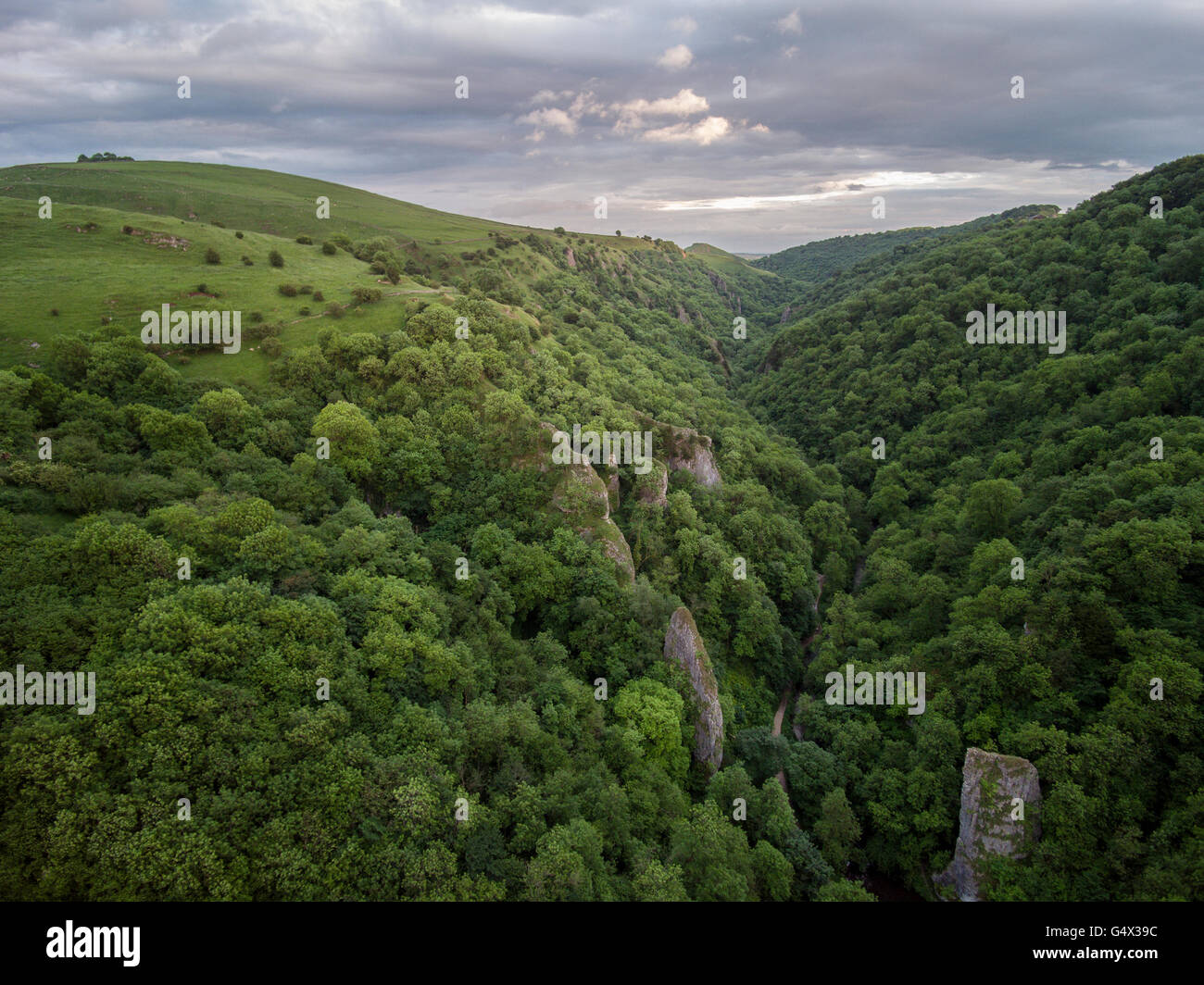 Aerial view of Dovedale and Ilam Rock in the Peak District National Park, Derbyshire, UK Stock Photo