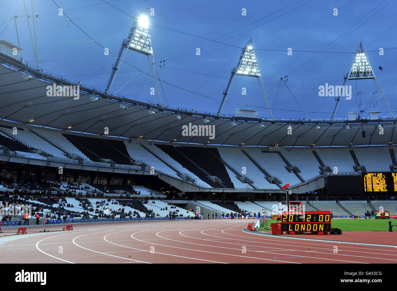 Athletics - Universities and Colleges Sports Championships - Day One - Olympic Stadium. The timing clock during the Universities and Colleges Sports Championships at the Olympic Stadium, London. Stock Photo