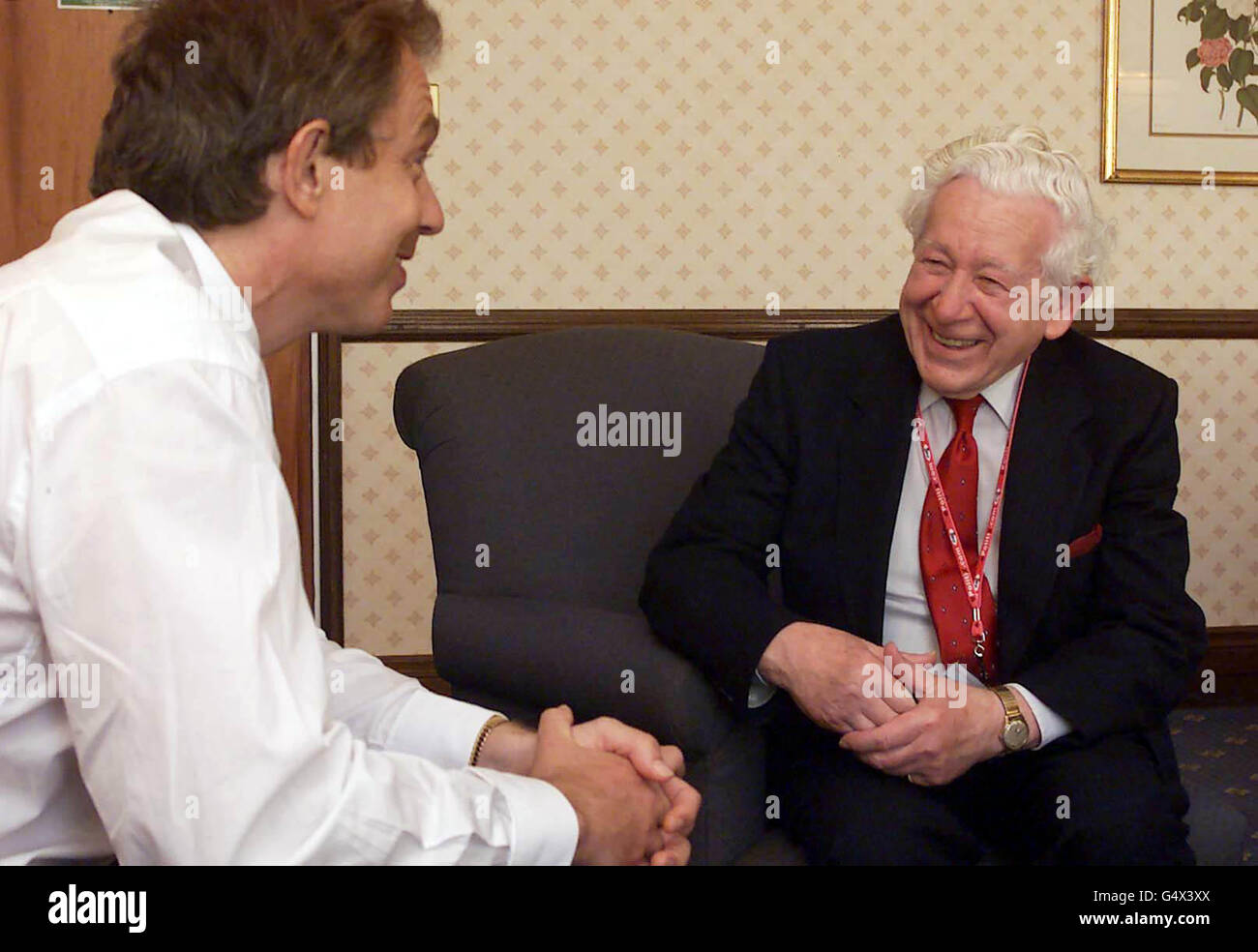 Prime minister tony blair left chats with bernie jordan hi-res stock