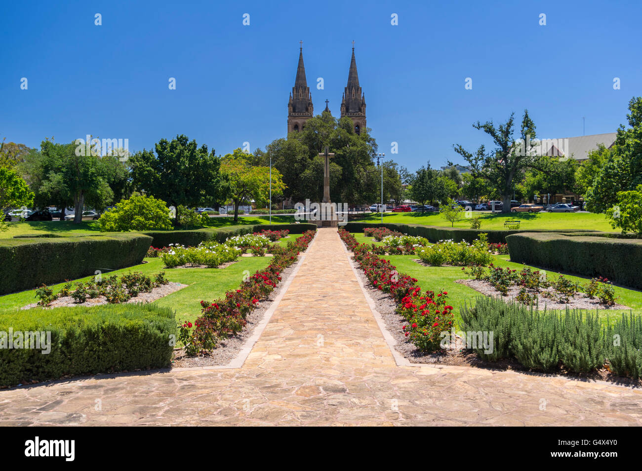 Pennington Gardens and St. Peter's Cathedral, seat of the Anglican diocese of Adelaide, South Australia. Stock Photo