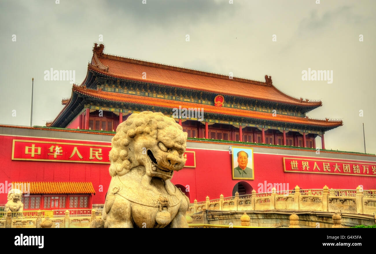 Beijing, China - May 14, 2016: Lion in front of the Tiananmen Gate. The monument is widely used as a national symbol. Stock Photo