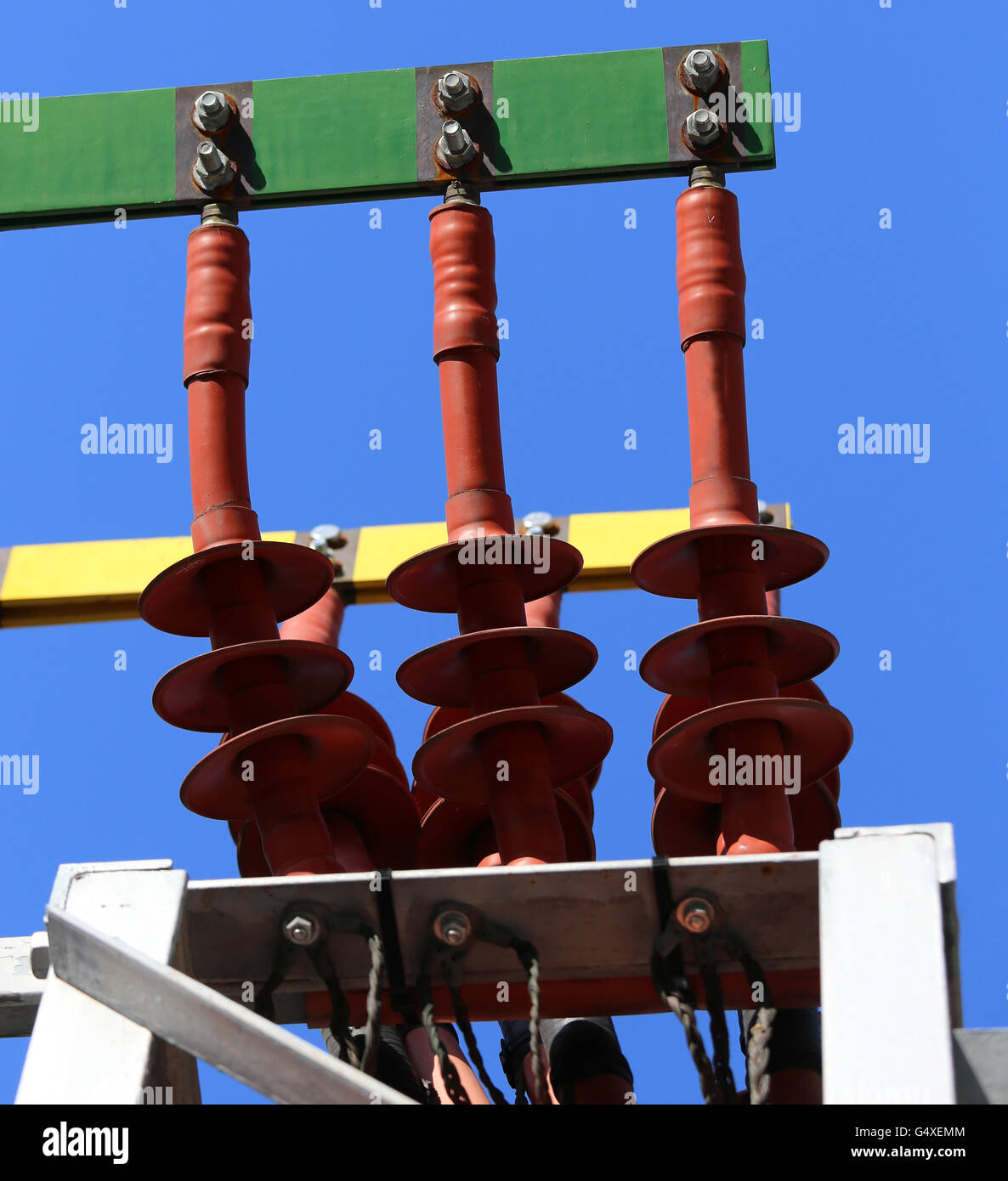 big copper busbar with highvoltage cables in an electric power plant
