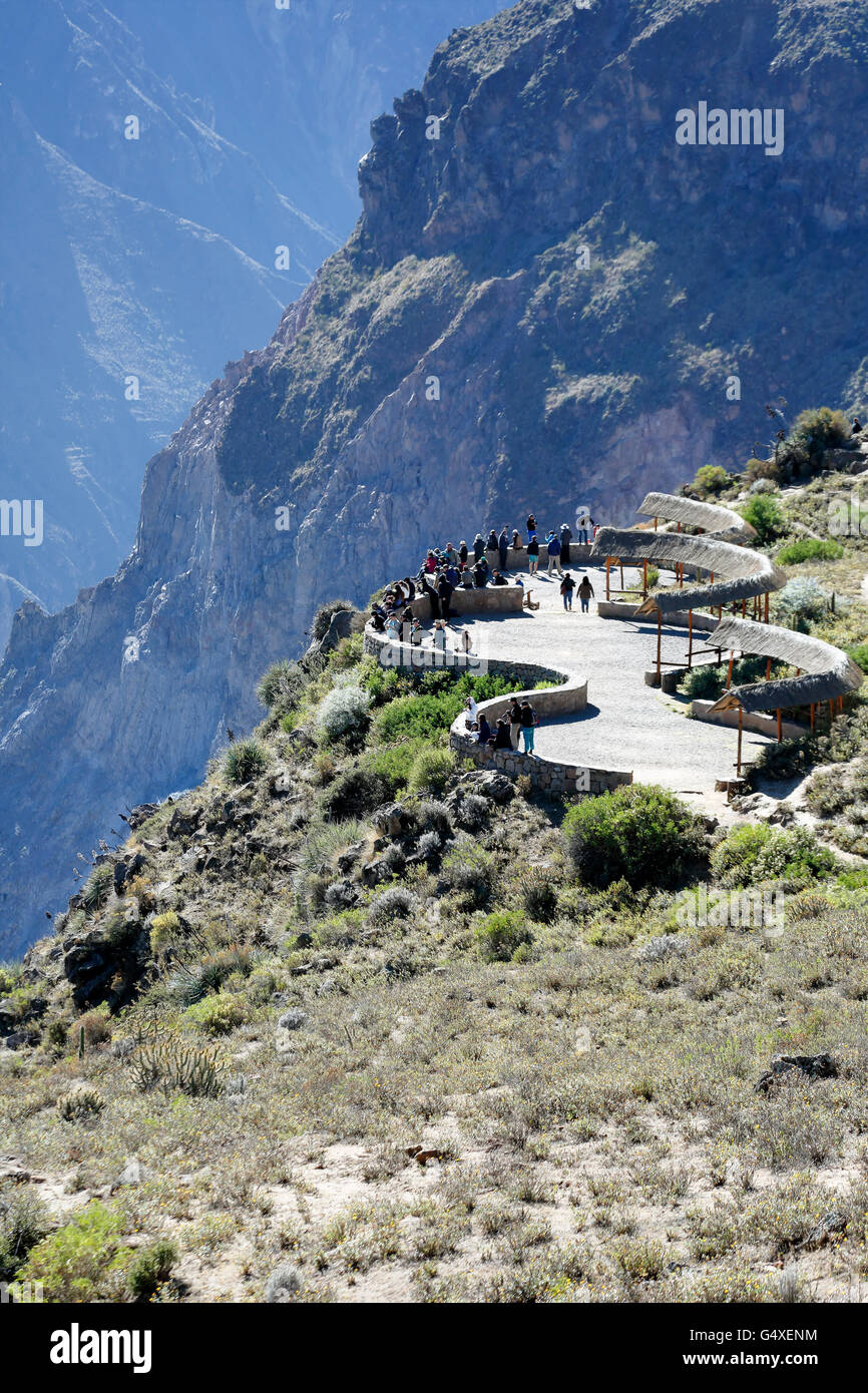 Tourists on viewing platform, Cross of the Condor Overlook, Arequipa, Peru Stock Photo