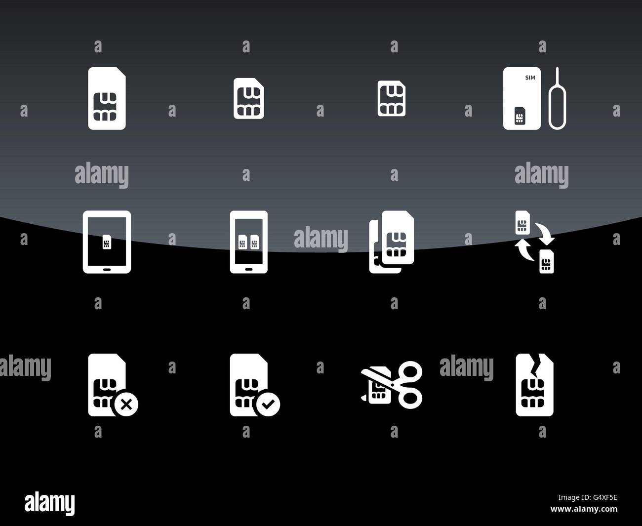 SIM cards mini, micro, nano icons on black background. Stock Vector