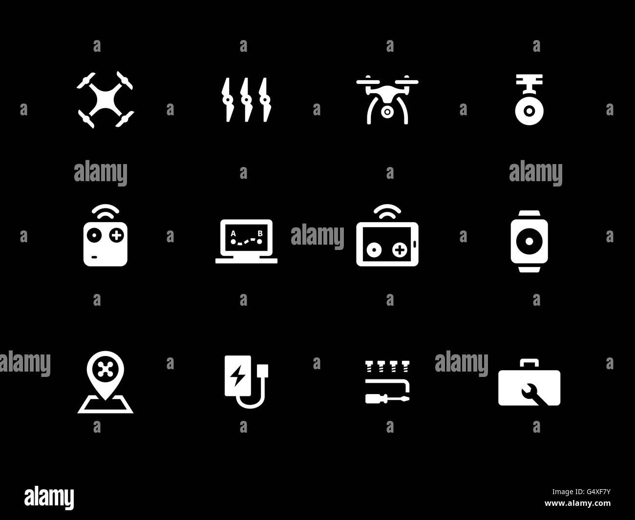 Hexacopter and quadcopter icons on black background. Stock Vector