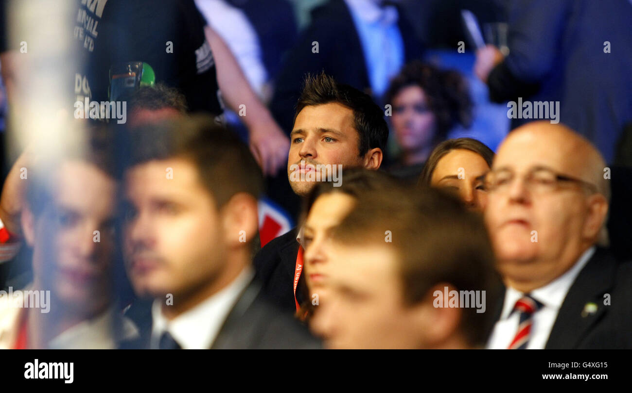 TOWIE cast member Mark Wright in the crowd, during James DeGale's European title at the Echo Arena, Liverpool. Stock Photo