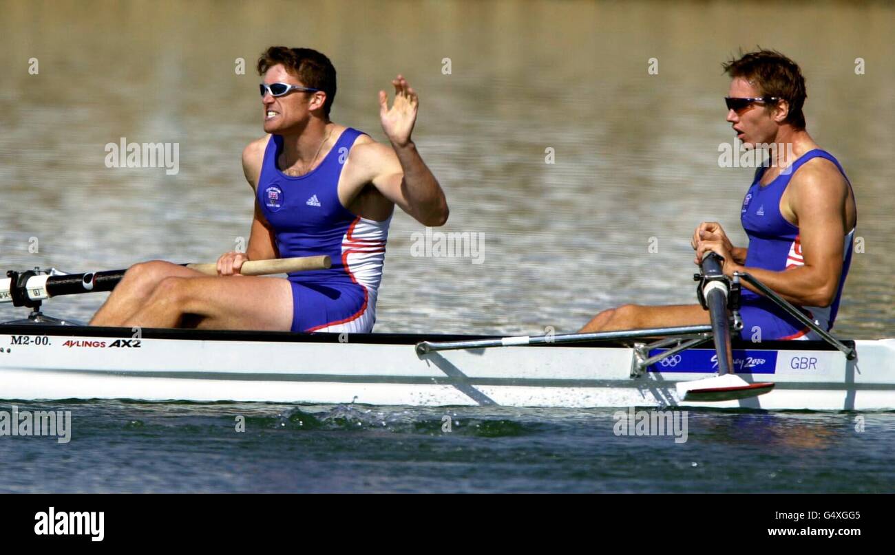 British rowers Greg Searle and Ed Coode celebrate winning the Men's