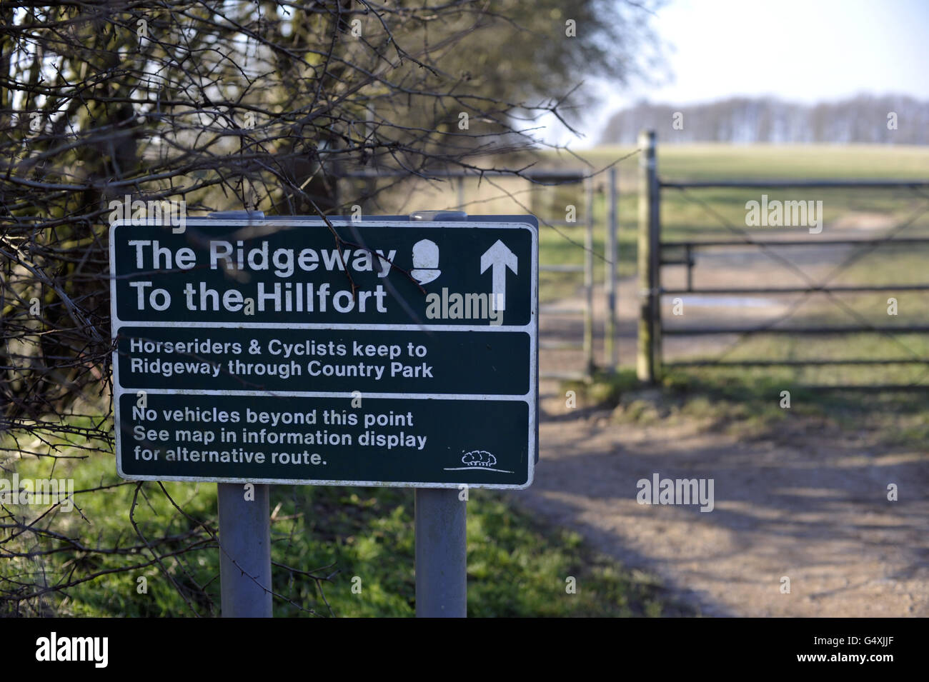 The sign for Barbury Castle, an Iron Age hillfort on the Ridgeway near Swindon in Wiltshire. Stock Photo