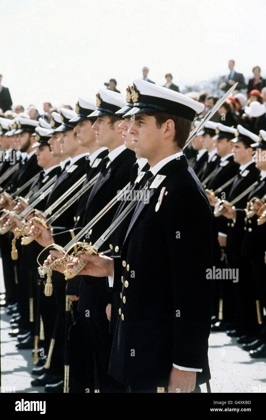 Prince Andrew (later the Duke of York) in the uniform of a midshipman at the Britannia Royal Naval College at Dartmouth in Devon when he passed out after completing a seven-month training course. Stock Photo