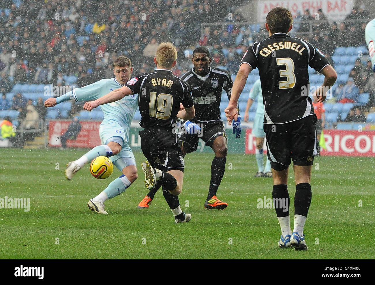 Coventry City's Gary Deegan fires in his sides second goal during the npower Football League League Championship match at the Ricoh Arena, Coventry. Stock Photo