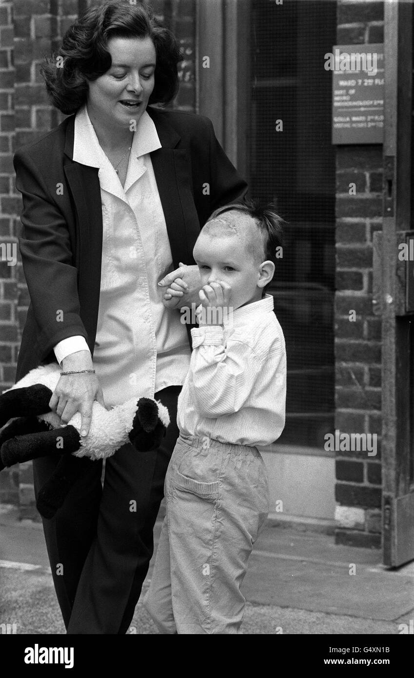PA Photo 2/8/1988 Four year-old Flora Keays, the daughter of Energy Secretary Cecil Parkinson leaving the Maudsley Hospital in South London holding the hand of her mother Sara Keays. Flora underwent a delicate five-hour brain operation 11 days ago in the hope of curing her epilepsy. Stock Photo