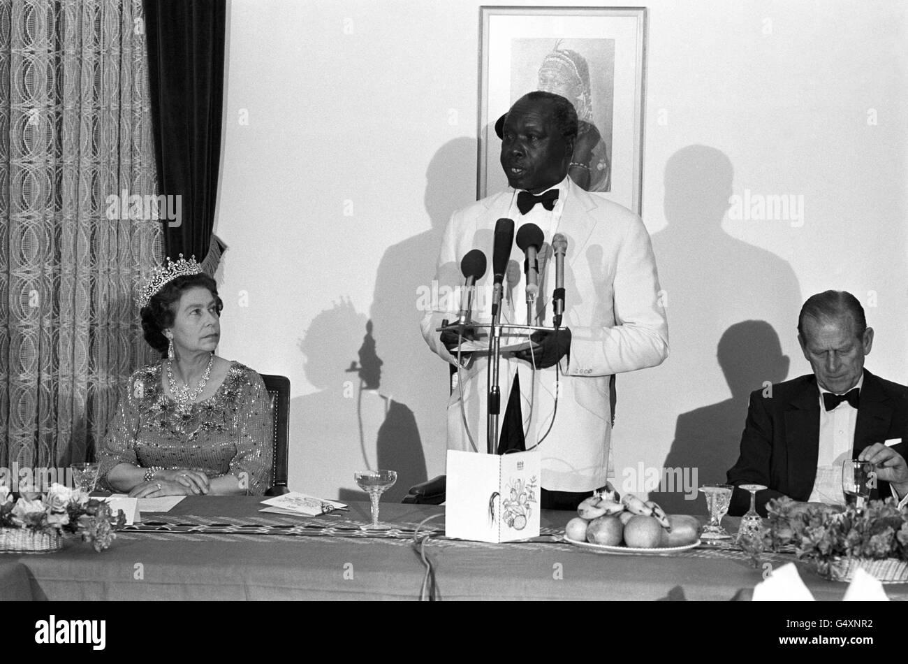 President Daniel arap Moi of Kenya speaking at a State banquet in Nairobi, during the state visit of Queen Elizabeth II. Stock Photo