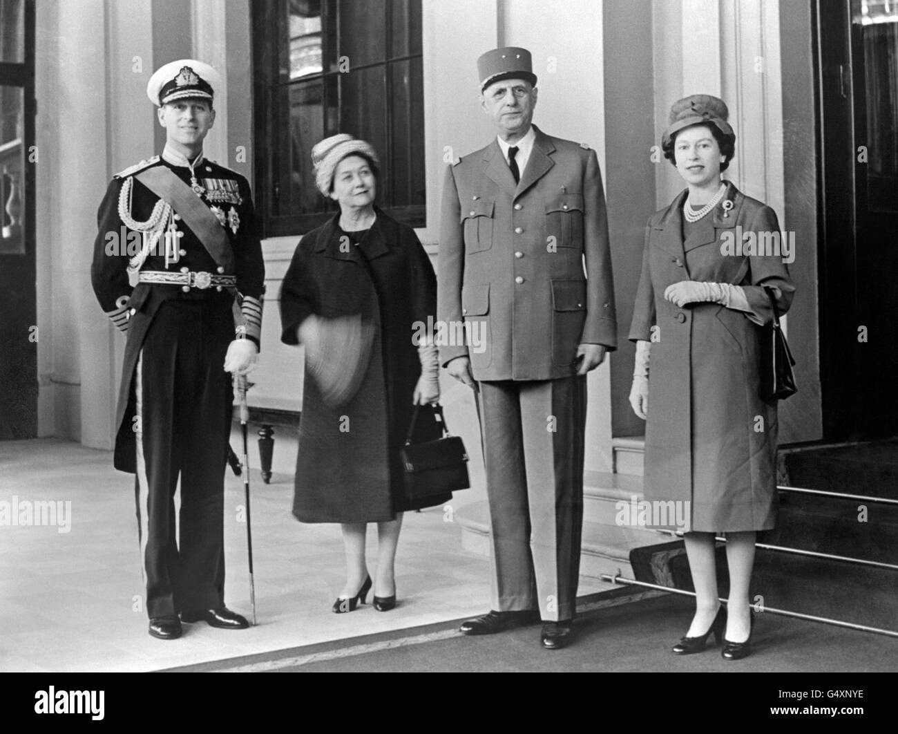 Queen Elizabeth II, President Charles de Gaulle of France, the Duke of Edinburgh and Madame de Gaulle at Buckingham Palace, London. Stock Photo