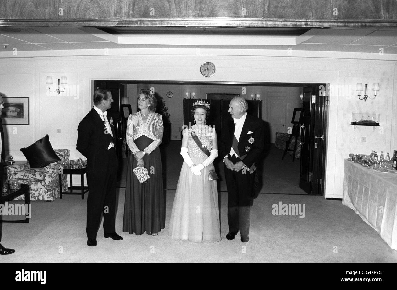 Queen Elizabeth II and the Duke of Edinburgh with the West German President Walter Scheel and his wife Mildred, on board the Royal Yacht Britannia before a dinner party in Bremen, during the Queen's State visit to West Germany. Stock Photo