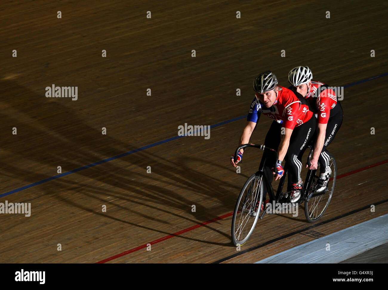 Paralympic cyclists Craig Maclean and Anthony Kappes during a photocall at the Newport Velodrome, Newport. Stock Photo