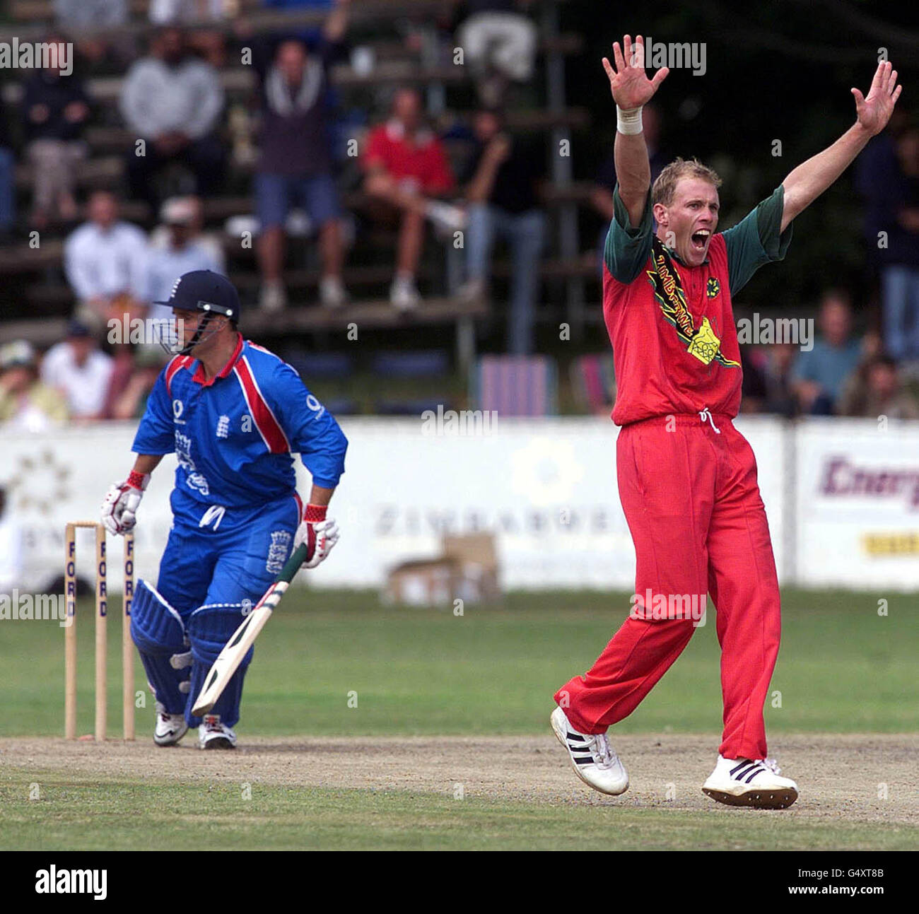 Zimbabwe's Gary Brent appeals successfully for the lbw of England's Mark Ealham, during the one-day internatonal cricket match at Bulawayo, Zimbabwe. Stock Photo