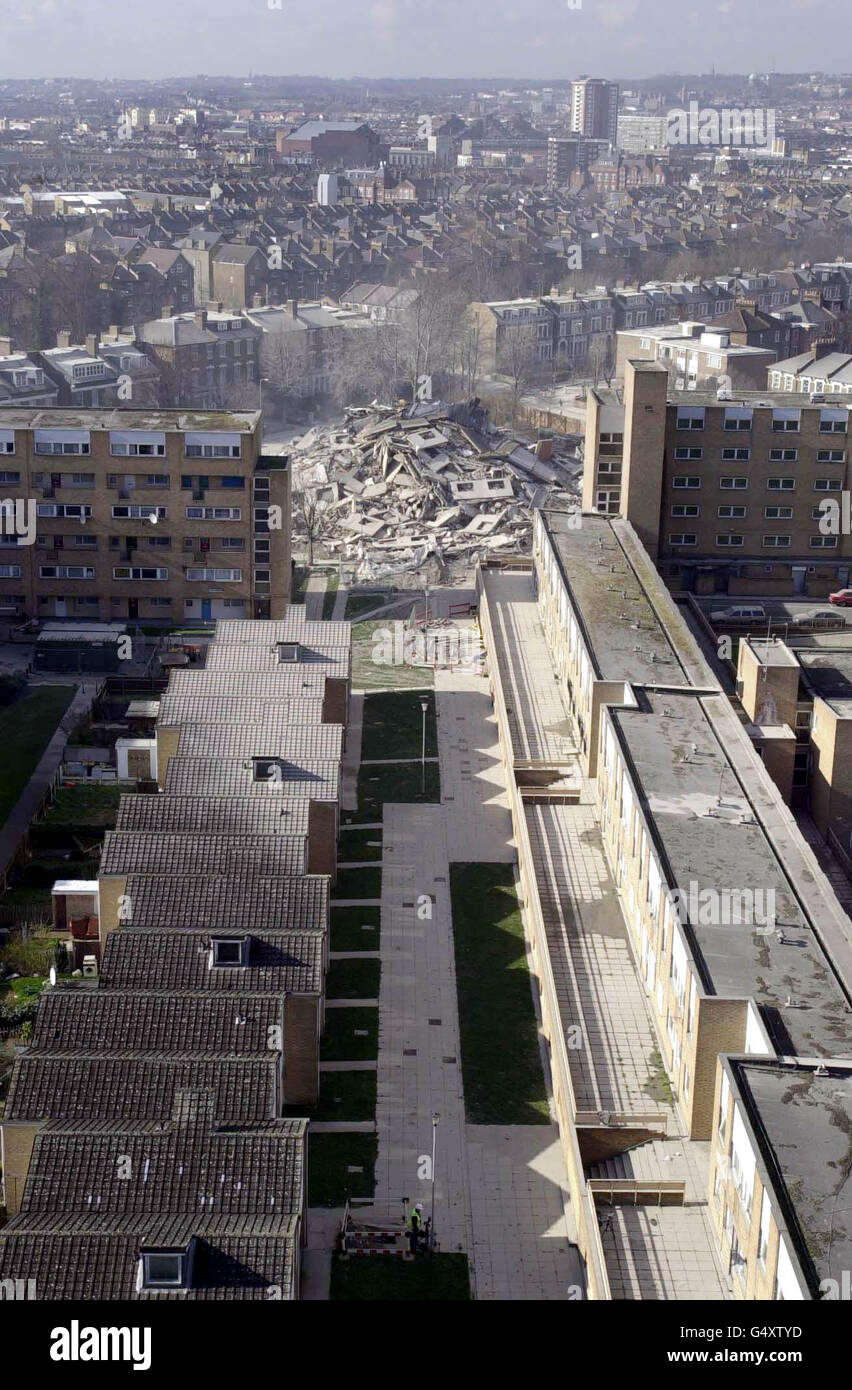 The debris left after the demolition of Barkway Court, a block of flats in Hackney, East London. The explosives were detonated by Tommy Walsh, a builder on the BBC's Groundforce programme. Stock Photo
