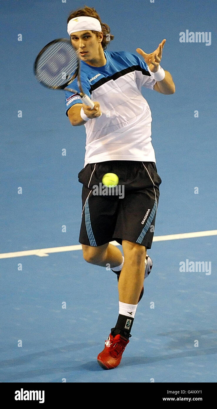 Lukas Lacko in action during the Davis Cup at the Braehead Arena, Glasgow. Stock Photo