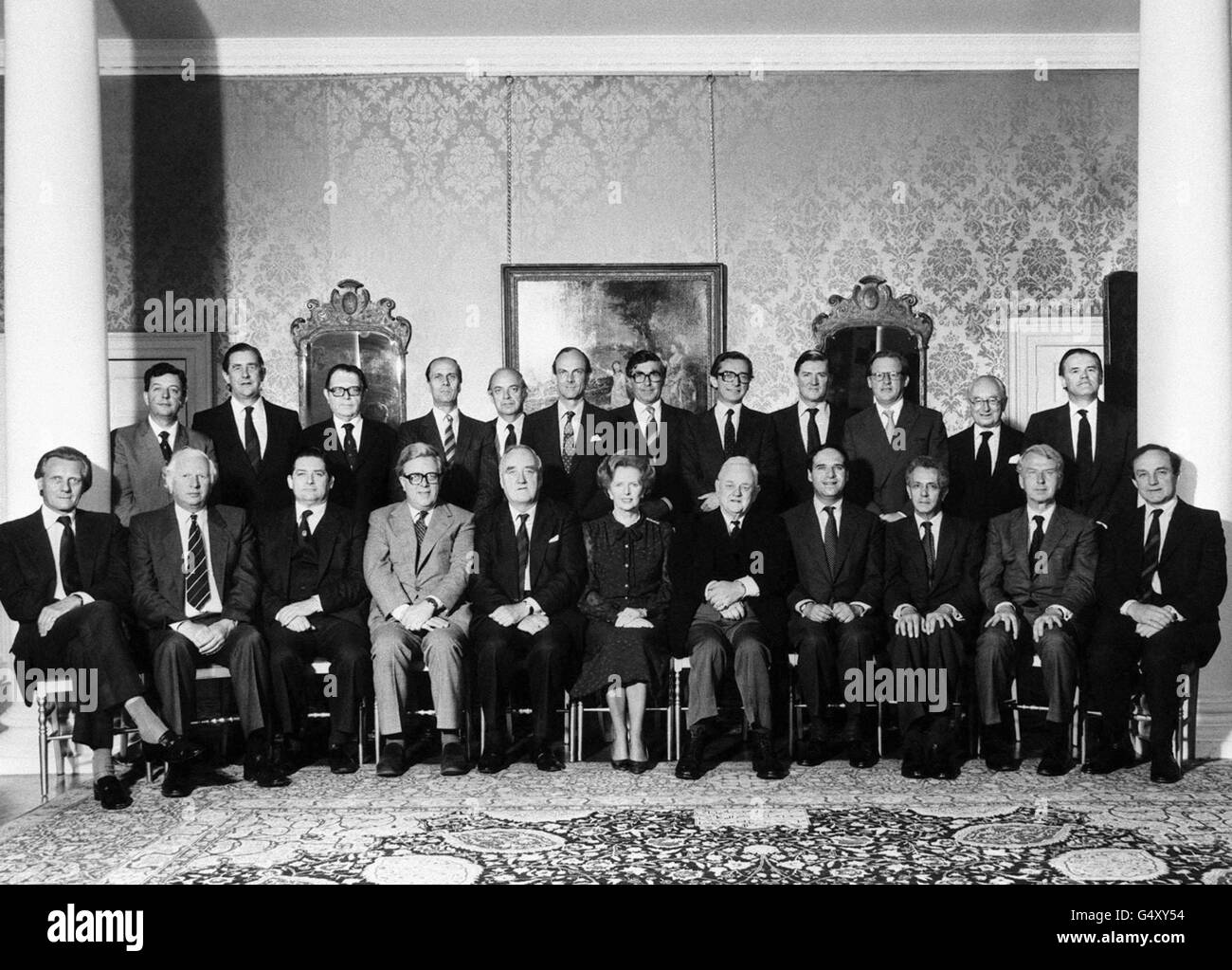 The new Cabinet of Mrs Thatcher's Conservative government. *Standing from left, Chief Whip, Mr John Wakeham ; Agriculture Minister, Mr Michael Jopling ; Chancellor of the Duchy of Lancaster, Lord Cockfield ; Employment Secretary, Mr Norman Tebbit ; Lord Privy Seal, Mr John Biffen ; Welsh Secretary, Mr Nicholas Edwards ; Environment Secretary, Mr Patrick Jenkin ; Social Services Secretary, Mr Norman Fowler ; Trade and Industry Secretary, Mr Cecil Parkinson ; Transport Secretary, Mr Tom King ; Chief Secretary to the Treasury, Mr Peter Rees ; and Secretary to to the Cabinet, Sir Robert Stock Photo