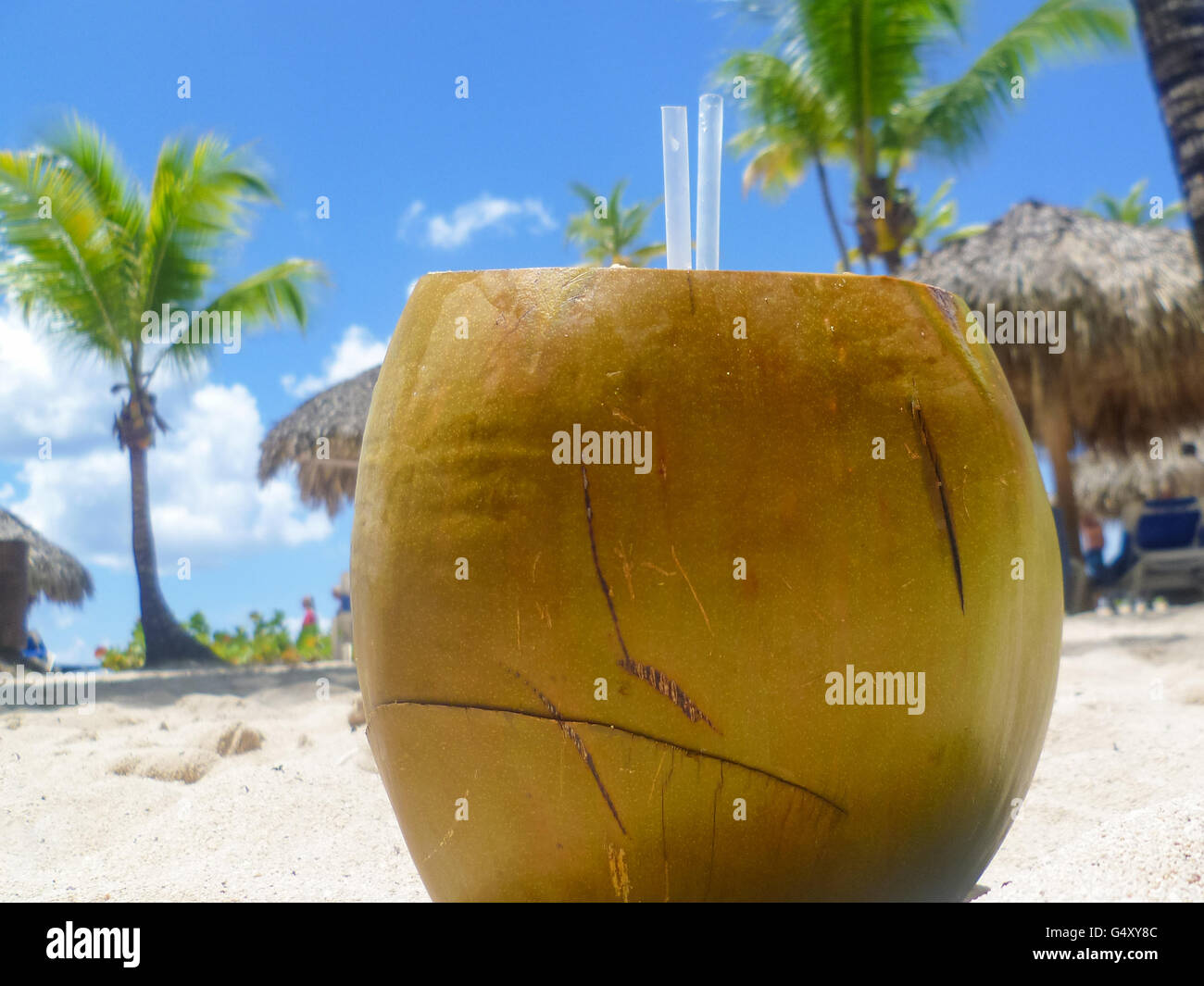 Dominican Republic, La Altagracia, Los Melones, sipping cocktail from the coconut Stock Photo
