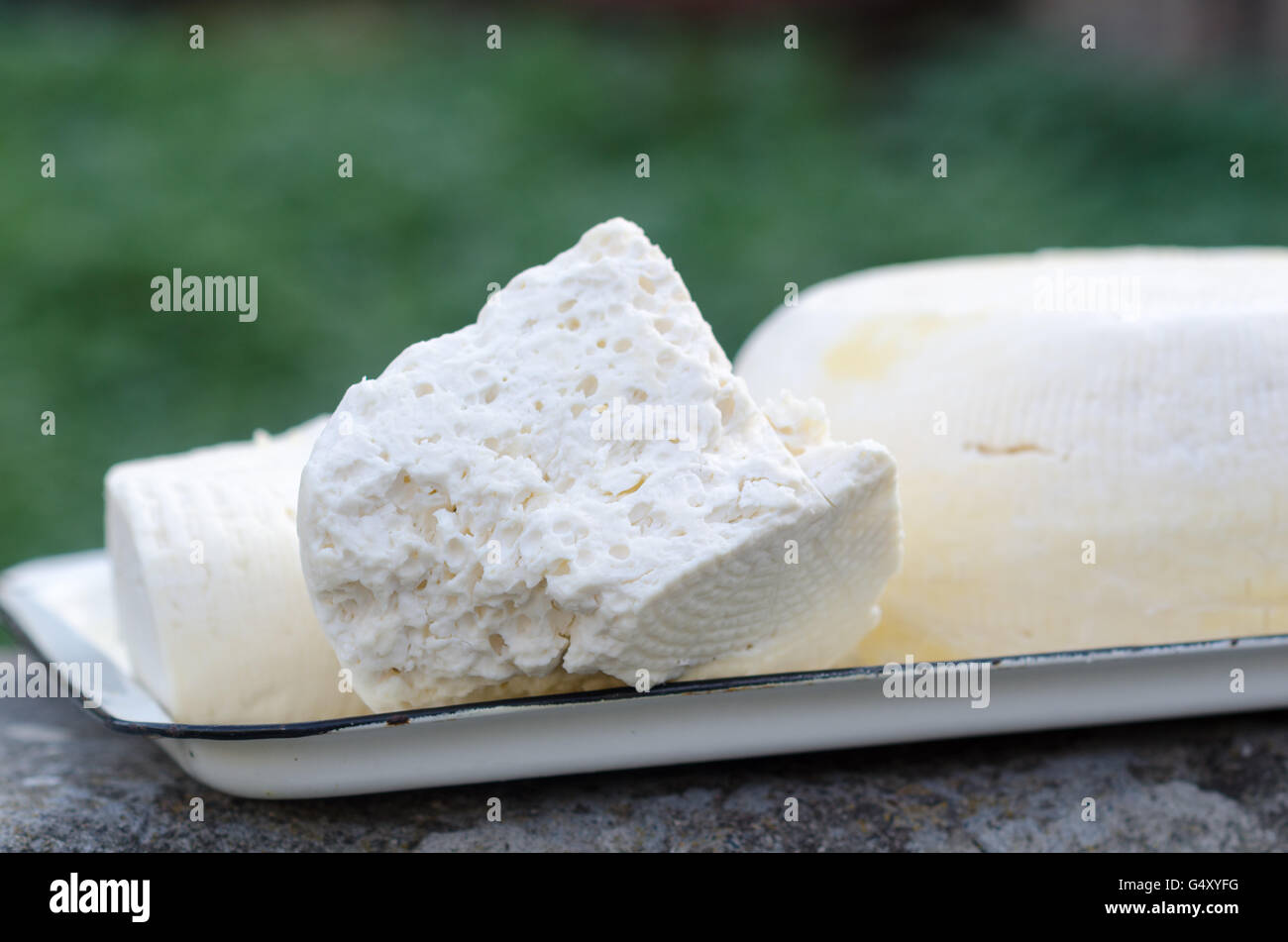 Georgia, Mzcheta-Mtianeti, Stepanzminda, Gergeti, homemade cheese dries in the sun, Sulguni (name of the cheese) Stock Photo