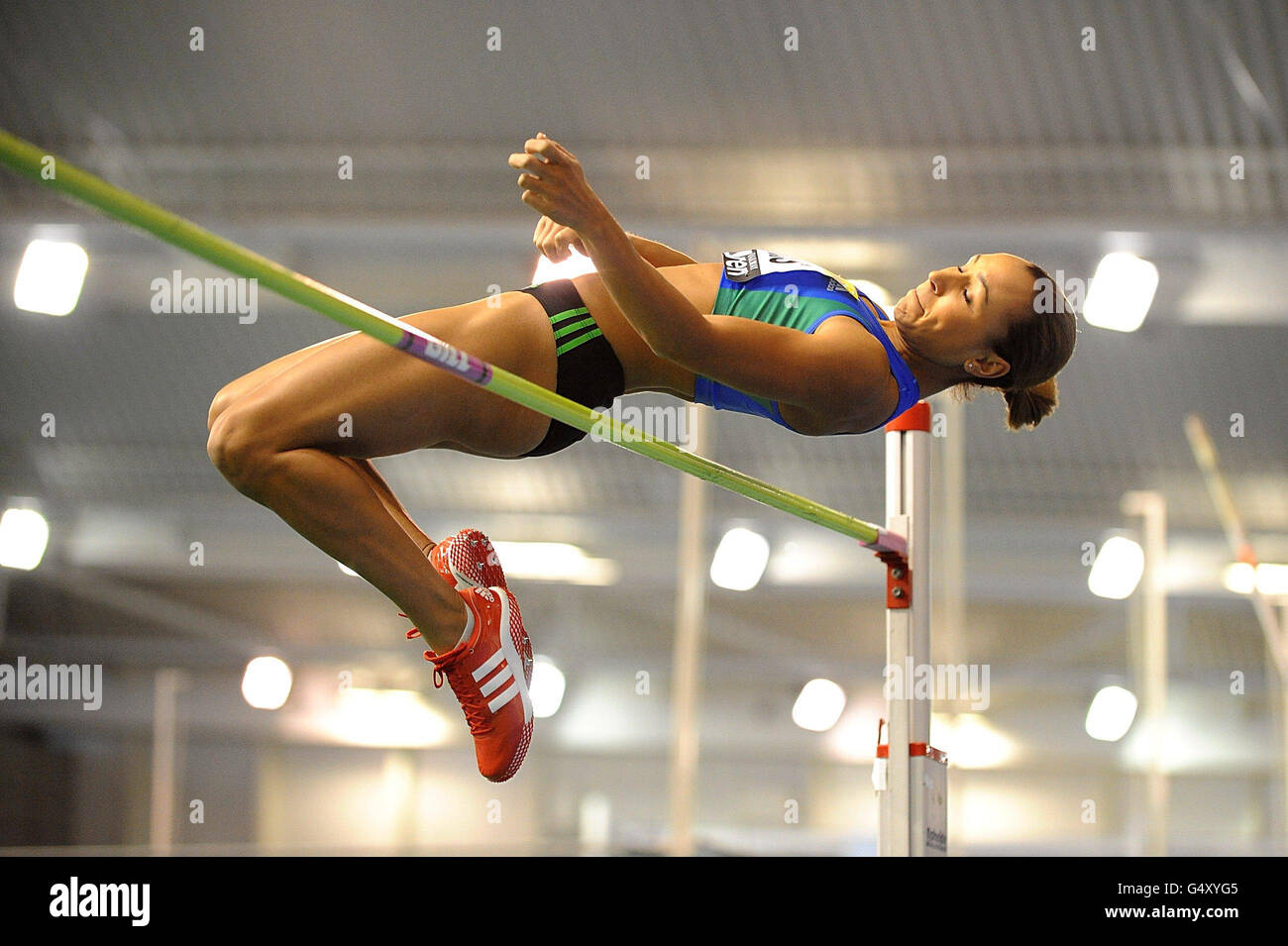 Great Britain's Jessica Ennis competes in the Women's High Jump Final during the Aviva trials and UK Indoor Championships, English Institute of Sport, Sheffield. Stock Photo