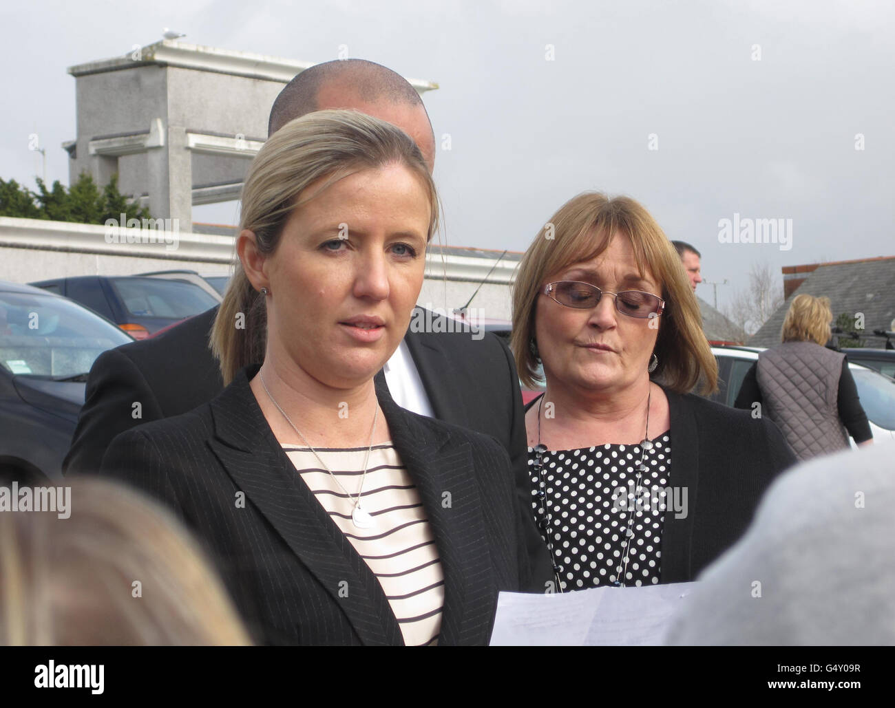 Jane Flournoy, Brett Flournoy's sister-in-law giving statement outside Truro Crown Court after former cage fighter Thomas Haigh was jailed for life today for gunning down two gangland enforcers linked to an IRA drugs gang. Stock Photo