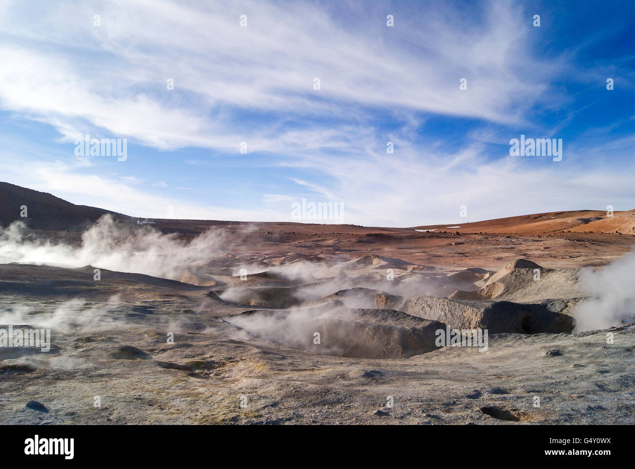 Bolivia, Steaming mud holes, salt desert, geysers of Sol de Mañana at 5000m Stock Photo