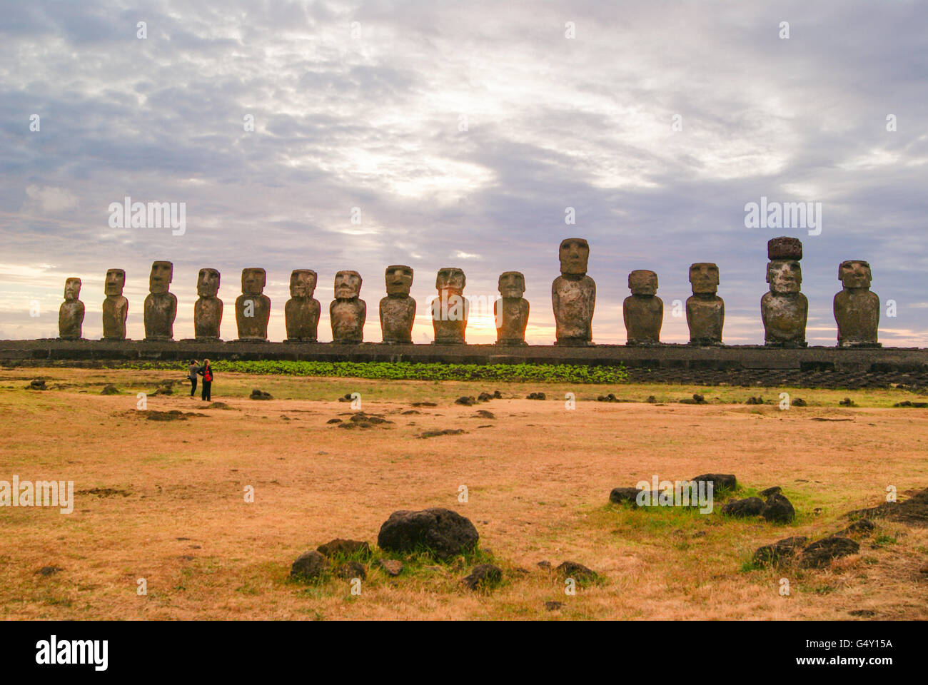 Chile, Easter Island, Moais in the Tahai resort, sunrise in Tongariki Stock Photo