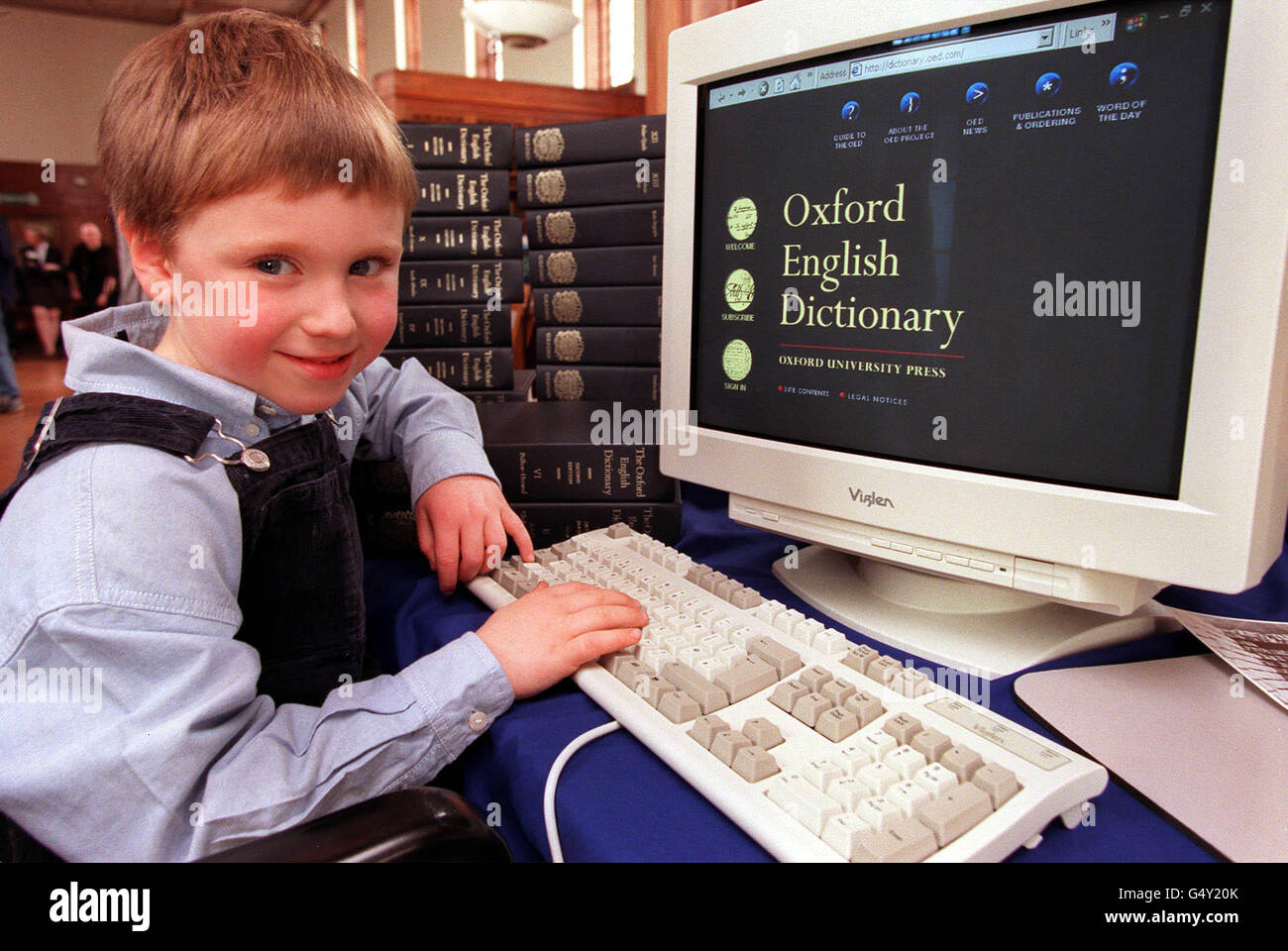 Five year old Thomas Murray, the great-great-grandson of the first editor of the Oxford English Dictionary Sir James Murray, at the launch in central London of the OED on the world wide web. Stock Photo