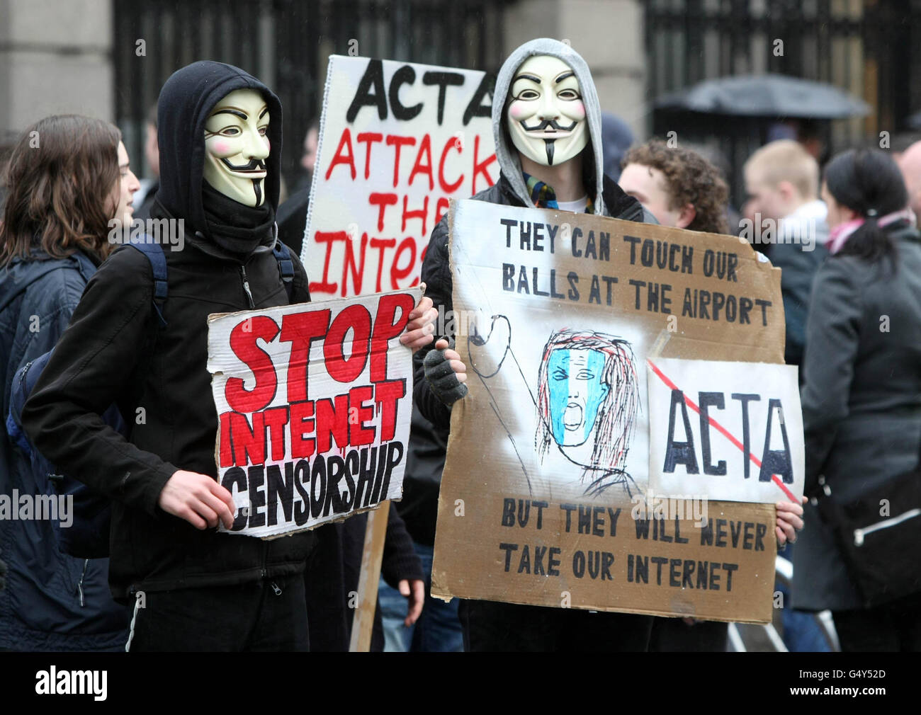 Internet users hold a protest march in Dublin against SOPA (Stop Online Piracy Act) and ACTA (Anti-Counterfeiting Trade Agreement) legislation being implemented by the Irish Government and EU. Stock Photo
