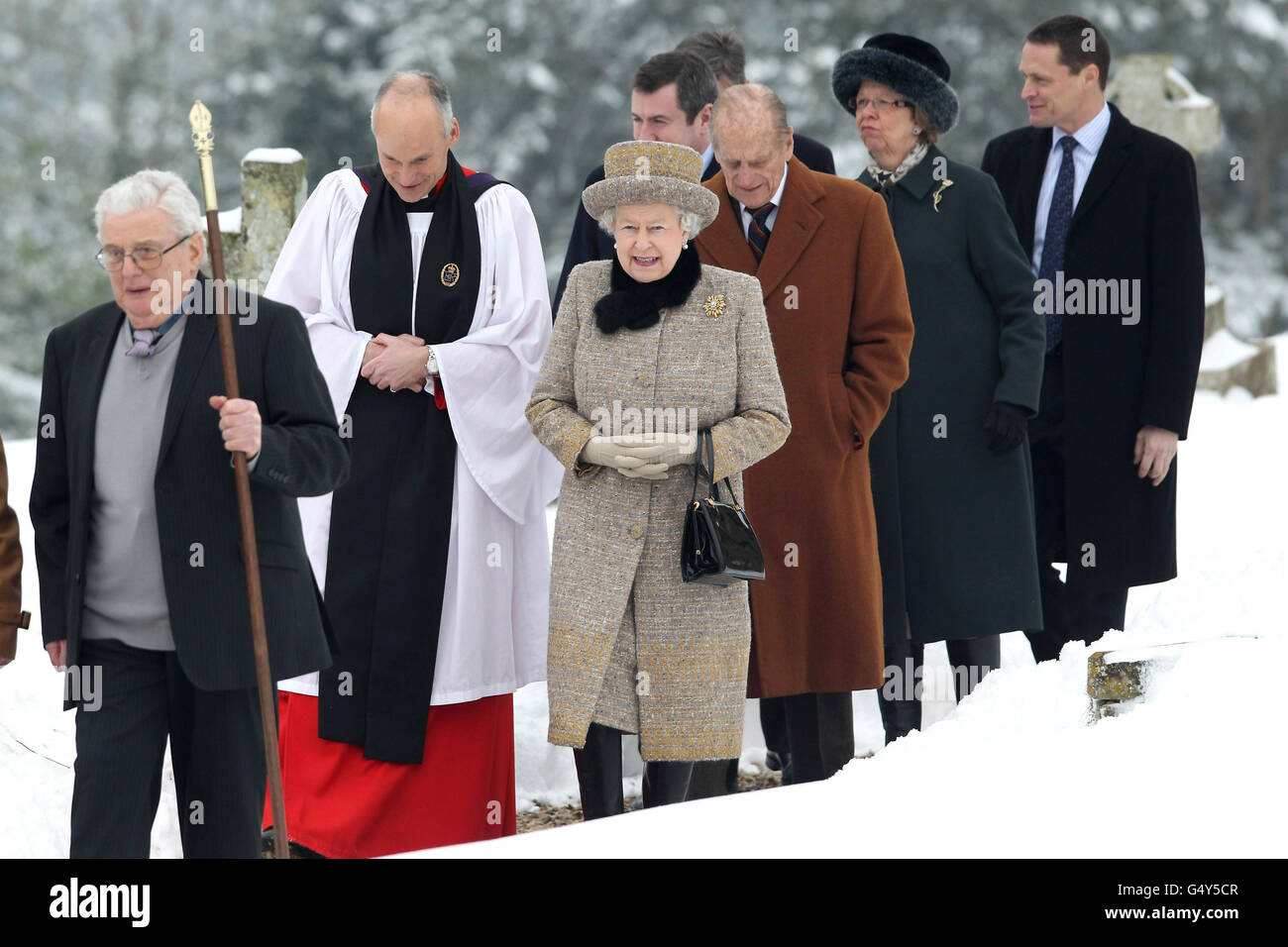 Britain's Queen Elizabeth II and the Duke of Edinburgh attend the church of St Peter and St Paul at West Newton, Norfolk. Stock Photo