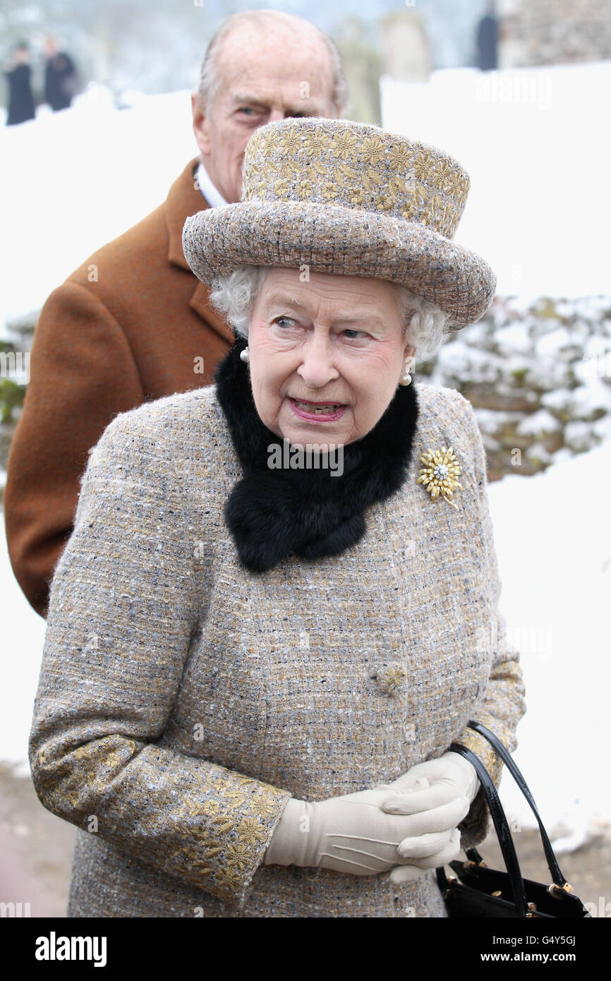 Britain's Queen Elizabeth II attends the church of St Peter and St Paul at West Newton, Norfolk. Stock Photo