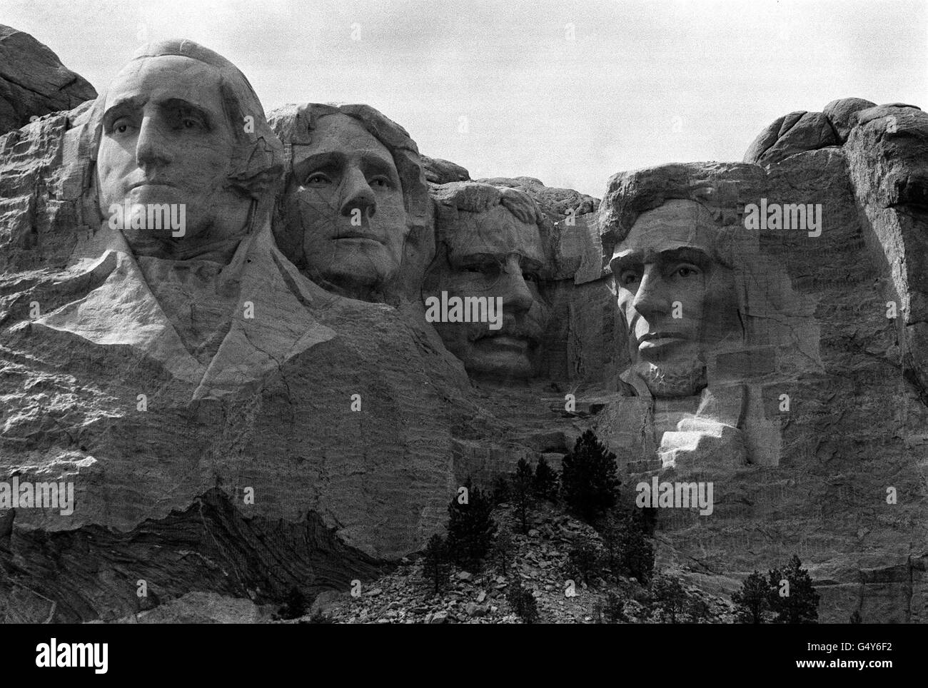 Mount Rushmore, America's Shrine of Democracy 'written' in mountain sculpture in the Black Hills of South Dakota. The rock heads of four former Presidents - Washington, Jefferson, Roosevelt, and Lincoln are a national monument of American history. * They are an outstanding testimony of the work of sculptor Gutzon Borglum who started the collosal project in 1927. Each head is 60ft high and scaled to men 465 ft tall if fully carved. Each nose is 20ft long, the eyes 11ft wide and Lincoln's mole is 15 inches across. Stock Photo